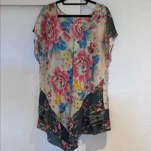 Johnny Was Floral Print Tunic with Pink and Blue Accents